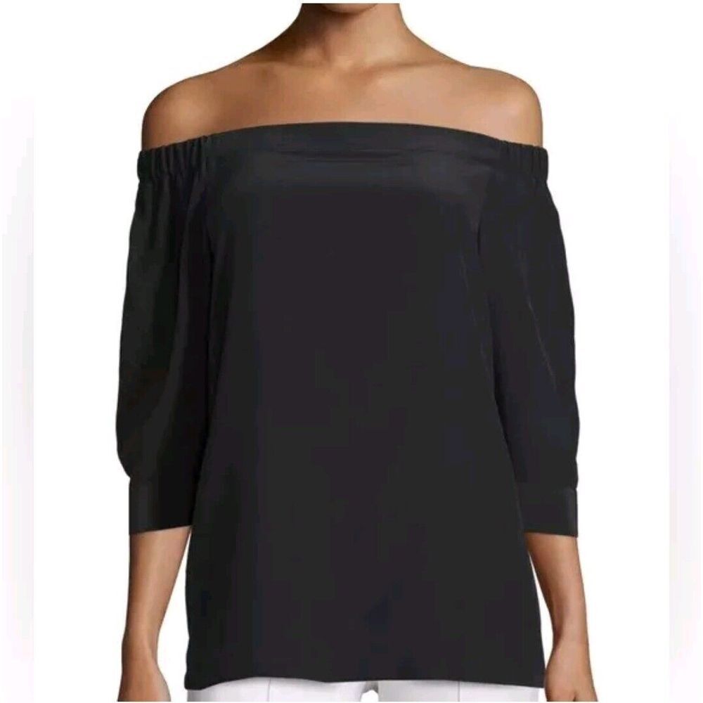 THEORY Top M Black Joscla Mosaic Off-The-Shoulder Stretch Silk Blouse Whimsigoth